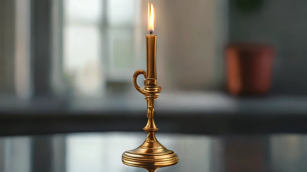 A decorative French brass candlestick with a curved handle, overcast daylight lighting, centered on a plain glass table, shallow depth of field, photorealistic, sharp focus, high detail