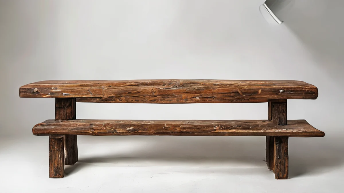 Un banc en bois brûlé, de couleur brune foncée, avec un cadre légèrement courbé et un pied en métal rouillé, posé sur une table blanche, sous une lumière studio softbox propre, champ de profondeur faible, réalisme photo.